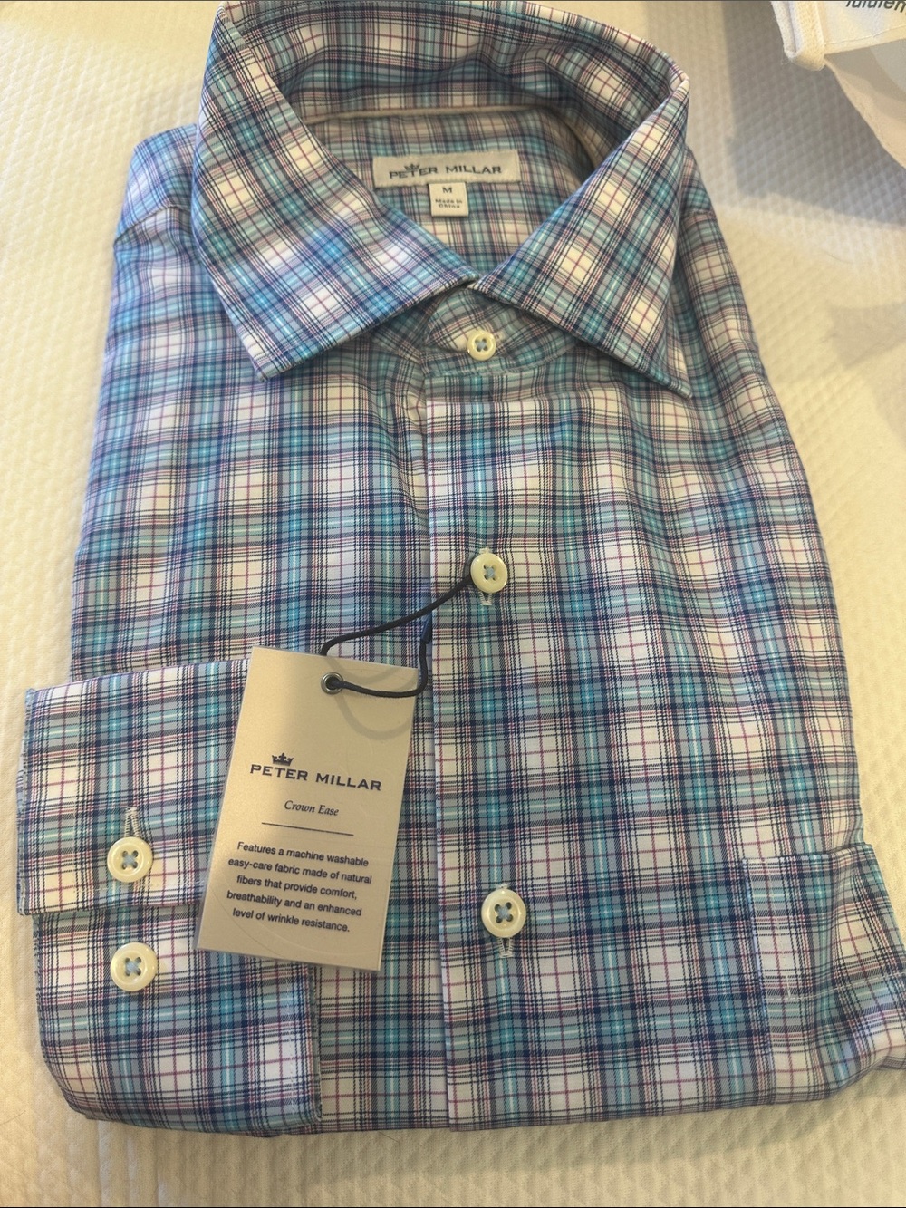 Peter Millar Plaid Button-Down Shirt in Teal, Purple & White long sleeve